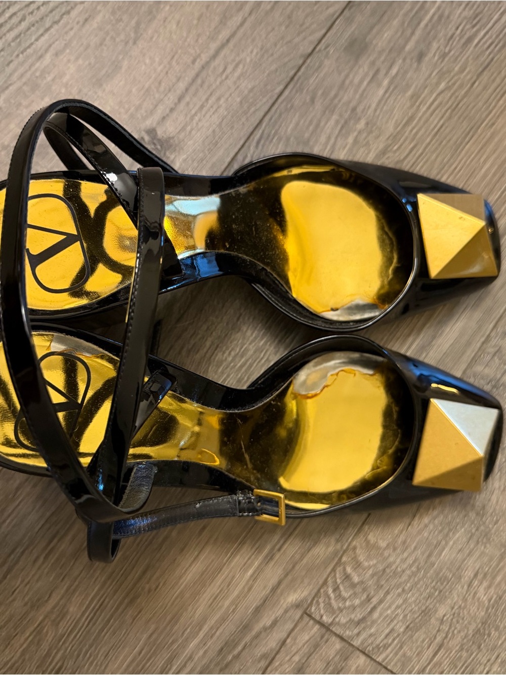 Valentino Black Patent Ankle-Strap Heels with Gold Stud Accents